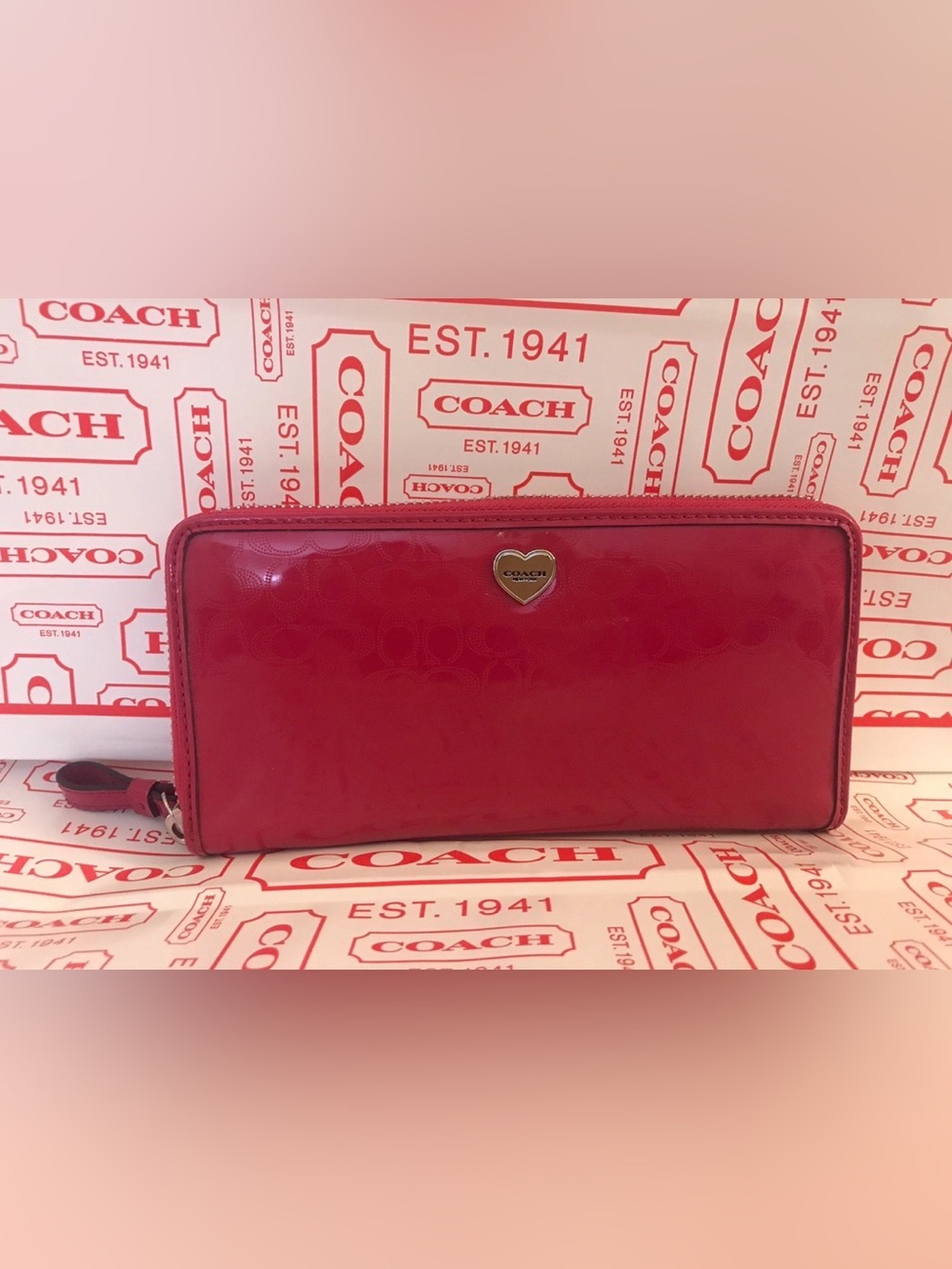 NWT Coach Red Patent Heart Detail Cosmetic Zip Pouch $279